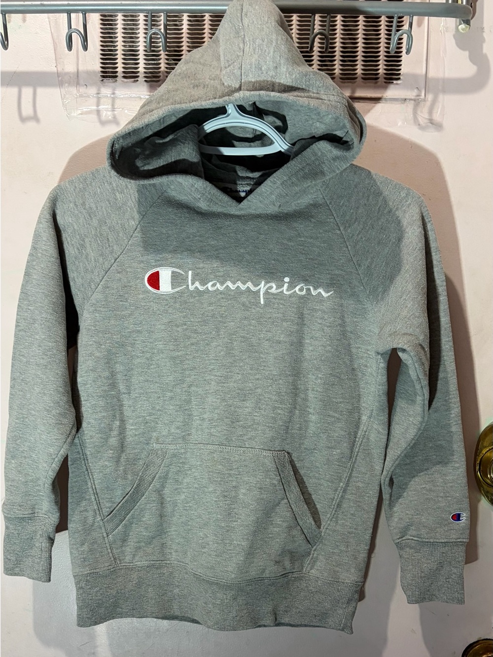 Champion Grey Pullover Hoodie with Script Logo